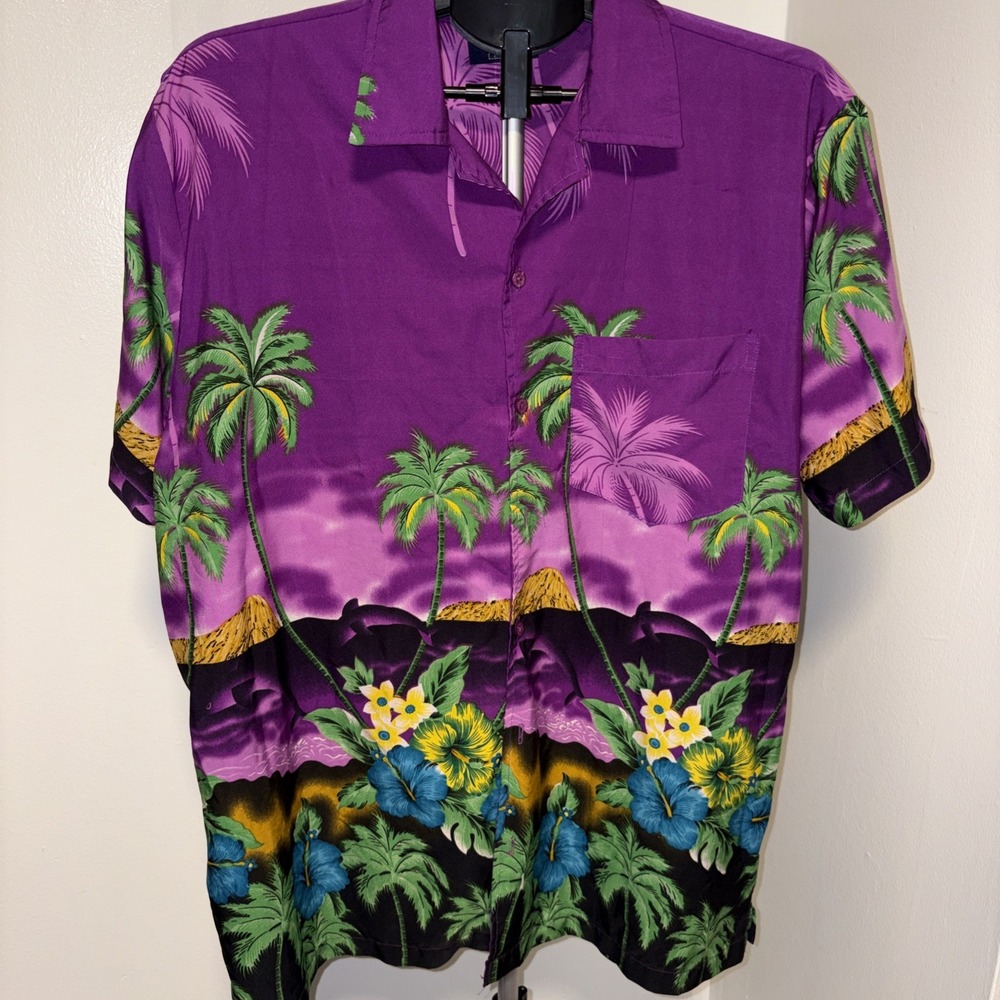 Pacific & Co Purple Hawaiian palmtrees & flowers Button Down Shirt Size L NWOT